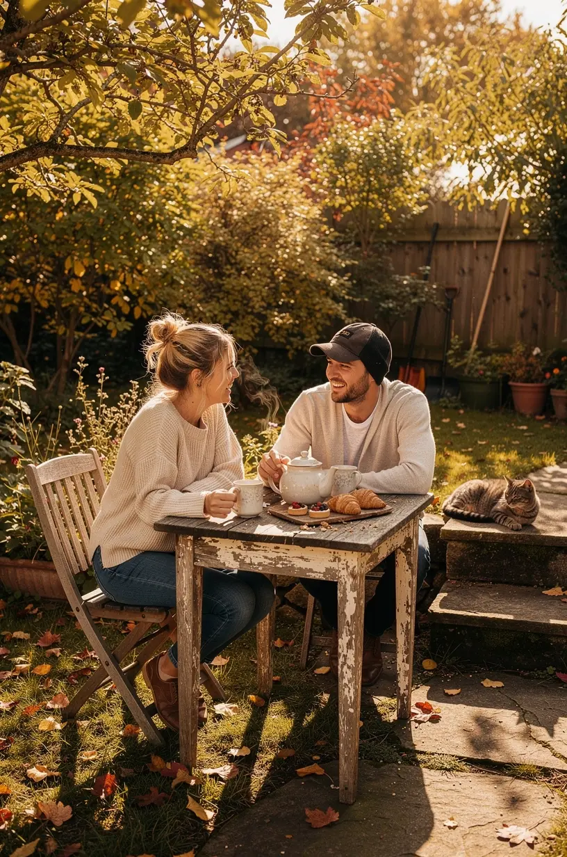 Žmonės dalijasi arbata ir šypsosi, pabrėžiantys bendrumo ir ramybės jausmą.