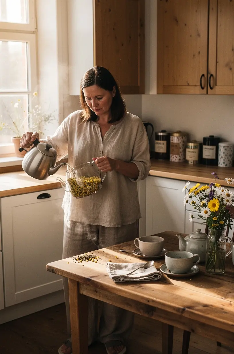 Minkštas apšvietimas ir garuojantis arbatos puodelis, kviečiantis susitelkti į vidinę pusiausvyrą.