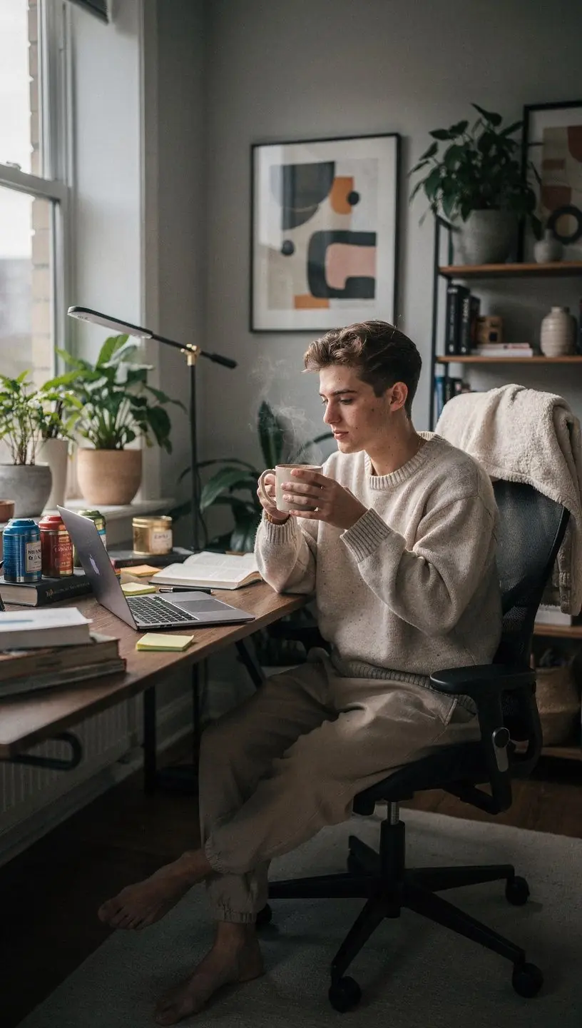 Ramus kambarys su minkšta sofa ir žvakėmis, sukuriantis jaukią atmosferą arbatos gėrimui.