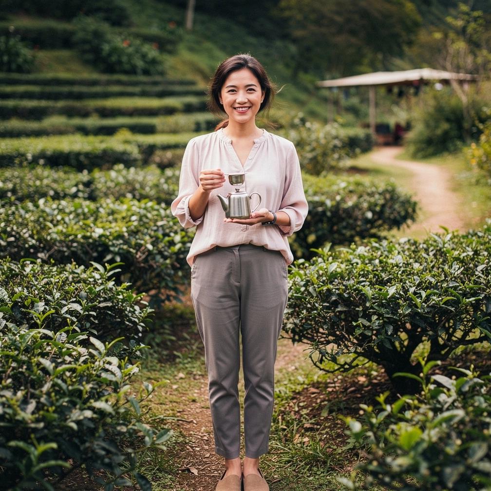 Rankos pilančios arbatą į keraminį puodelį, simbolizuojančios kasdienius arbatos ritualus.